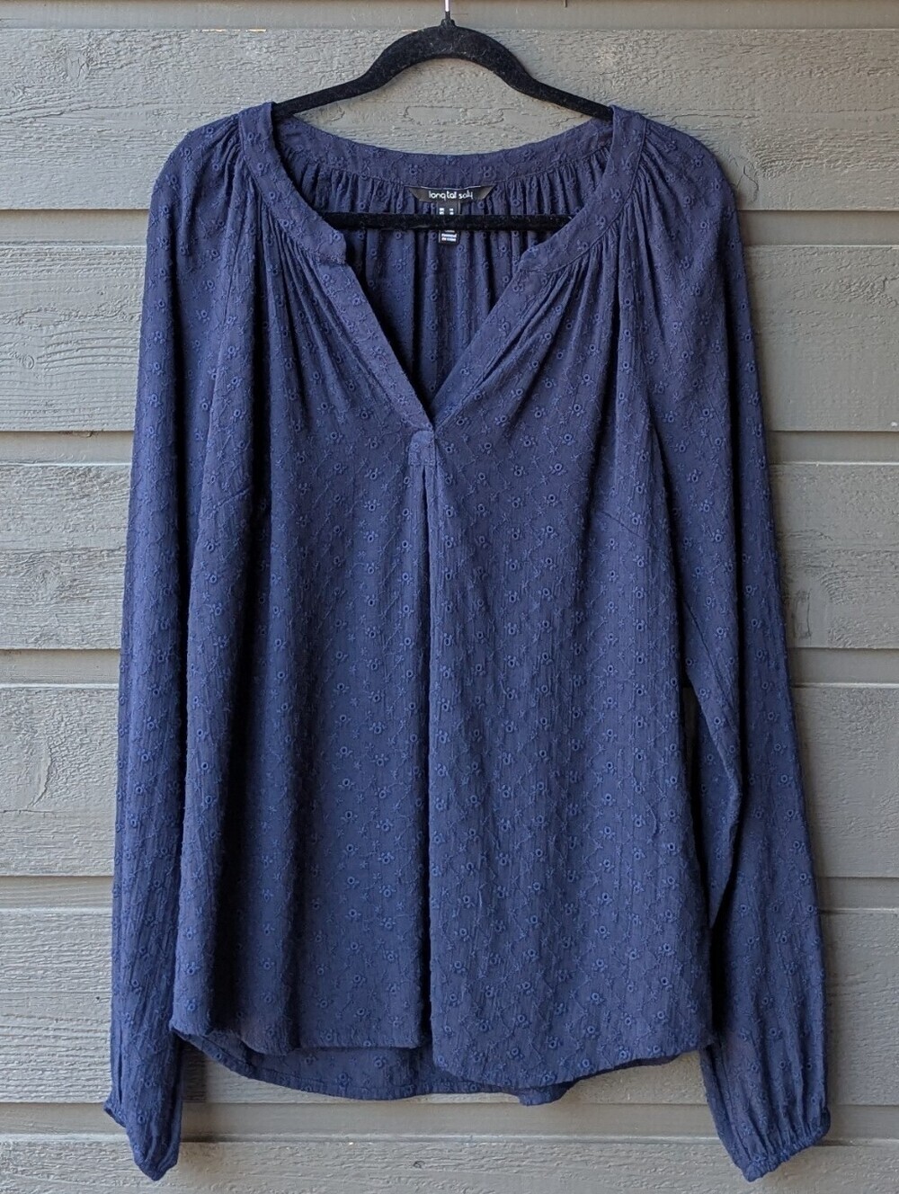 long tall sally Navy Blue Eyelet V-Neck Long-Sleeve Blouse US Women's Size 10